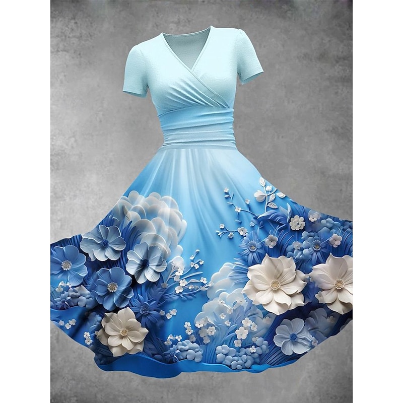 Women's Midi Dress Shift Dress Summer Dress Elegant Vacation Casual Regular Fit Floral Graphic Short Sleeve V Neck Red Blue Light Blue Summer Spring3