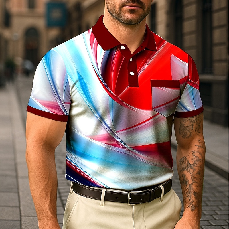 Men's Polo Casual Sports Turndown Short Sleeve Modern Leisure Line Pocket Buttons Summer Robin's Egg Blue Red Polo2