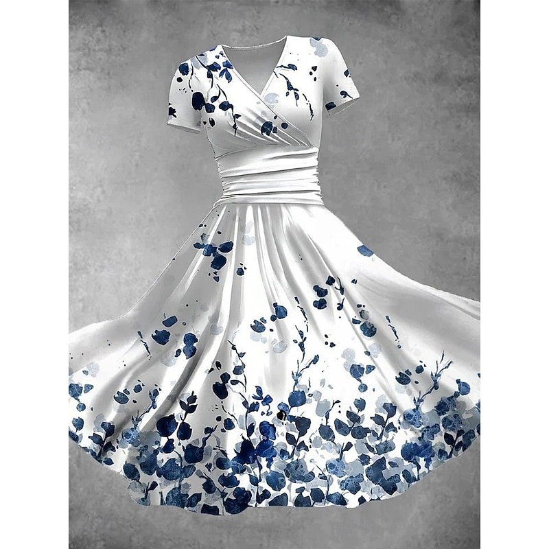Women's Midi Dress Shift Dress Summer Dress Elegant Vacation Casual Regular Fit Floral Graphic Short Sleeve V Neck Red Blue Light Blue Summer Spring - Main Image