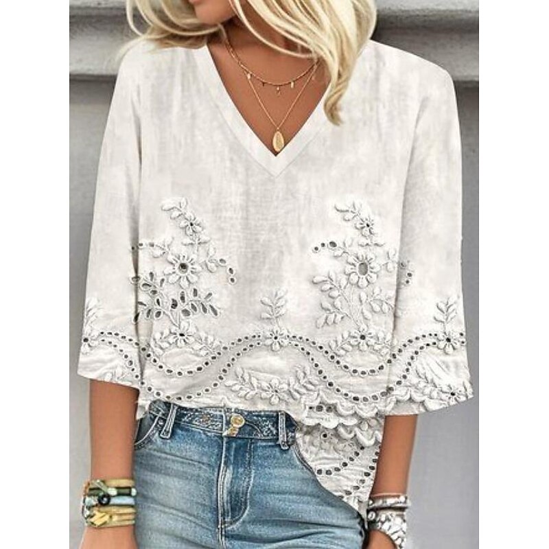 Women's Blouse Button Down Floral Graphic Elegant Stylish Casual 3/4 Length Sleeve V Neck Regular Tops Daily Holiday Going out Print White Pink Blue Summer Spring3