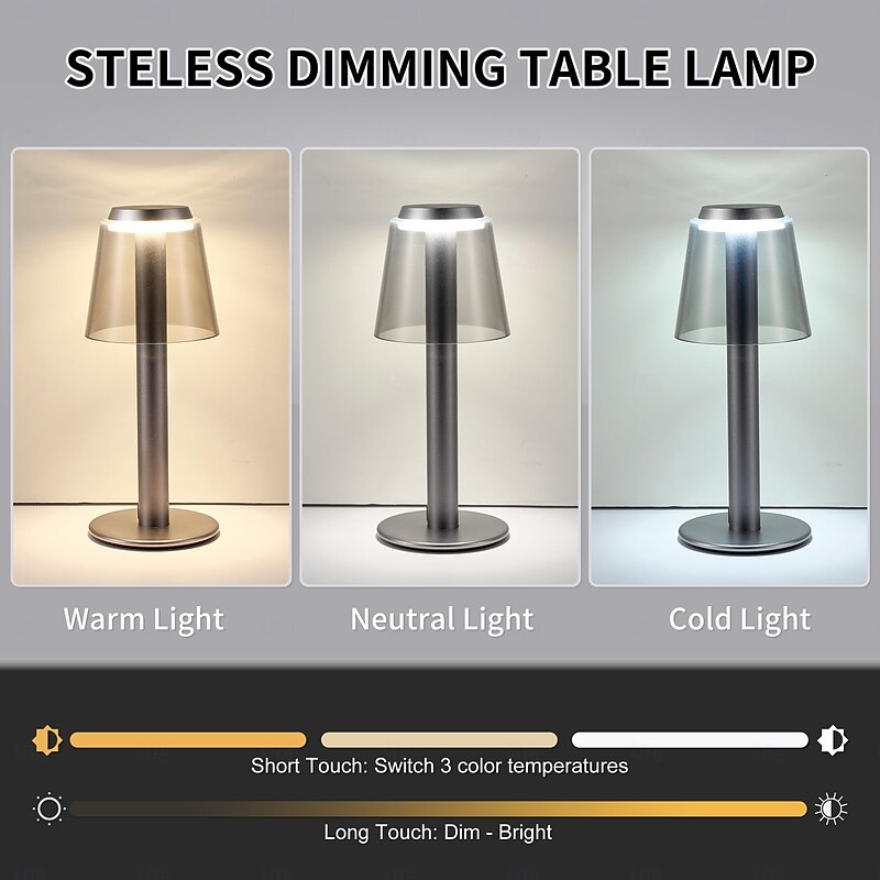 1 Pc all aluminum rechargeable desk lamp with three color infinite dimming for indoor and outdoor restaurants, camping, bedside lighting, touch dimming, Type-C charging3