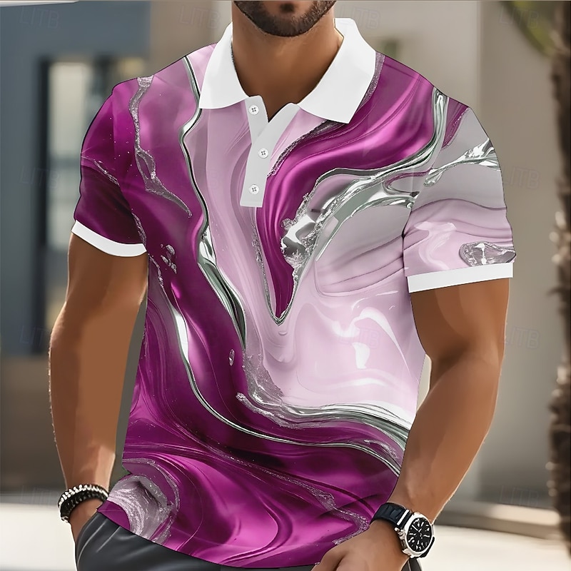 Men's Marble Polo Short Sleeve Polo Shirts Collared Shirts Casual Athleisure Buttons Summer Yellow Blue Purple3