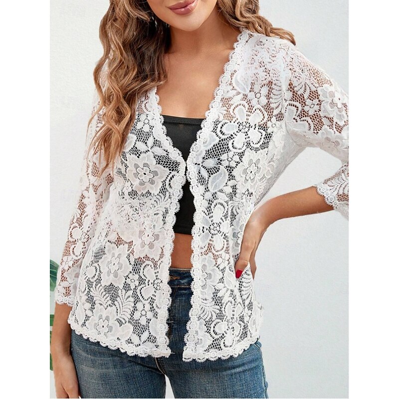 Women's Casual Jacket Breathable Comfortable Lace Patchwork Casual Plain Vacation Street Casual Daily Wear Single Breasted Regular V Neck Regular Fit Long Sleeve Outerwear White Summer Spring