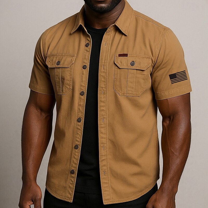 Independence Day Men's US Flag Patriotic Work Shirt Western Shirt Cargo Shirt Short Sleeve Casual Tactical Sports Outdoor Going out Summer Spring Turndown Graphic Cotton Button Up Shirts Khaki Beige2