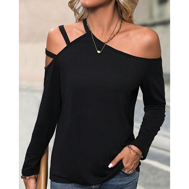 Women's Blouse Solid Color Modern Long Sleeve Cold Shoulder Regular Tops Daily Holiday Cut Out Black Summer2