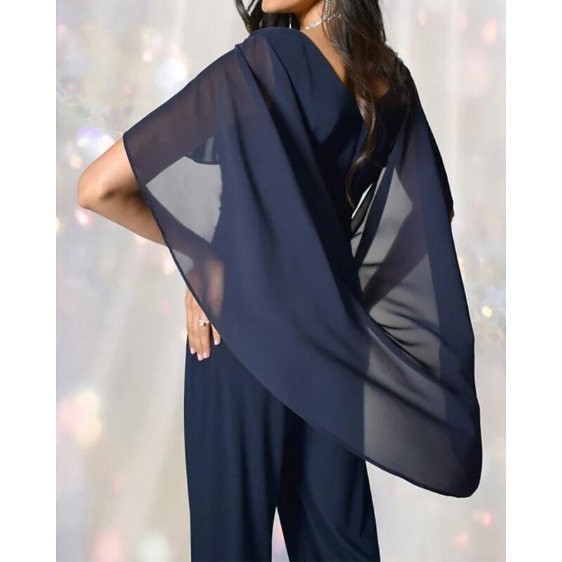 Cape Jumpsuit / Pantsuit Mother of the Bride Dress Elegant Simple Minimalist Scoop Neck Floor Length Chiffon Short Sleeve with Crystal Buttons2