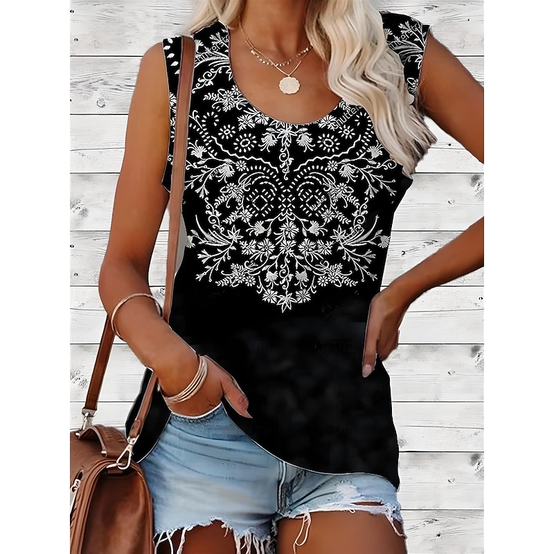 Women's Camisole Tank Top Graphic Geometric Bohemia Vintage Daily Sleeveless Crew Neck Regular Tops Daily Print Black Pink Red Blue Orange Summer3