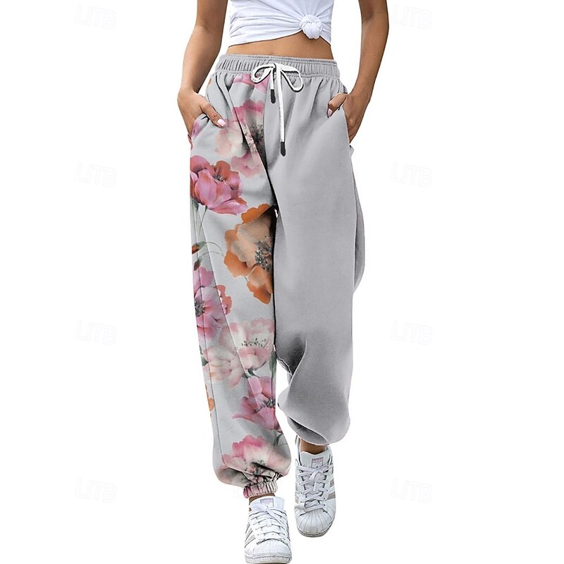 Women's Slacks Straight Streetwear Casual Full Length Natural Flower Pocket Printing Elastic Drawstring Design Outdoor Comfortable Outdoor Going out Grey Yellow Pink Army Green Fall Regular Fit2
