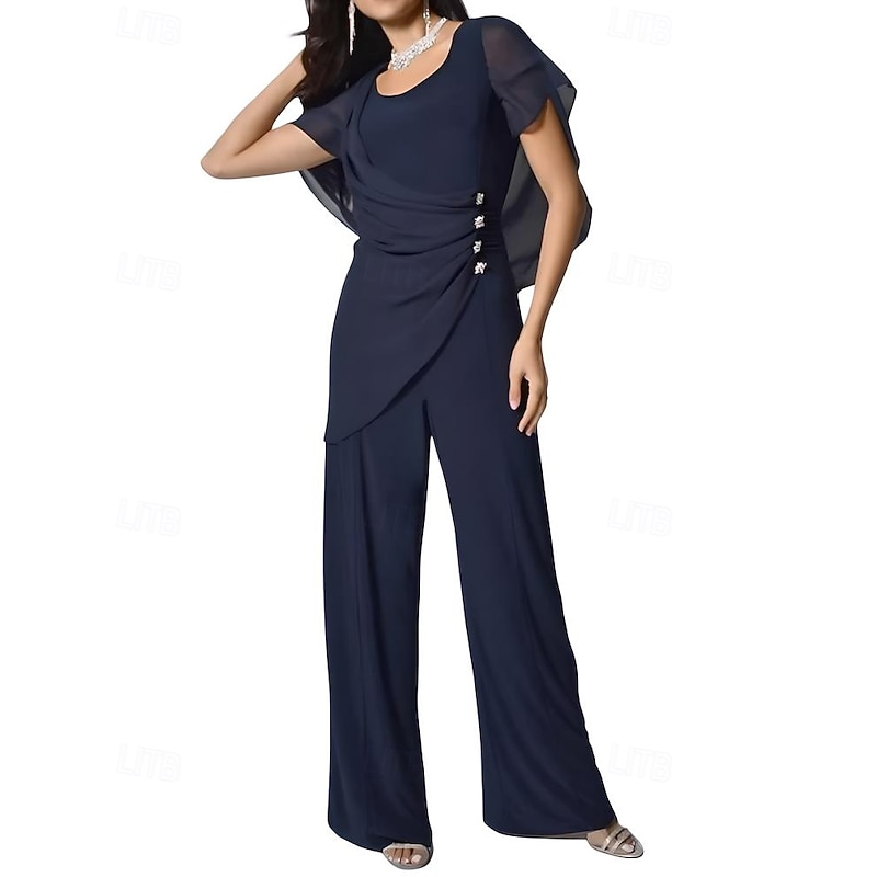 Cape Jumpsuit / Pantsuit Mother of the Bride Dress Elegant Simple Minimalist Scoop Neck Floor Length Chiffon Short Sleeve with Crystal Buttons