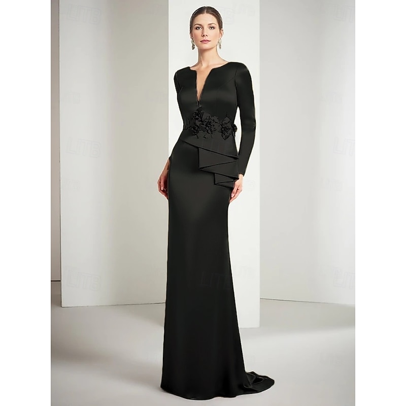 Gold Sheath / Column Evening Gown Elegant Dress Formal Floor Length Long Sleeve Jewel Neck Satin with Appliques4