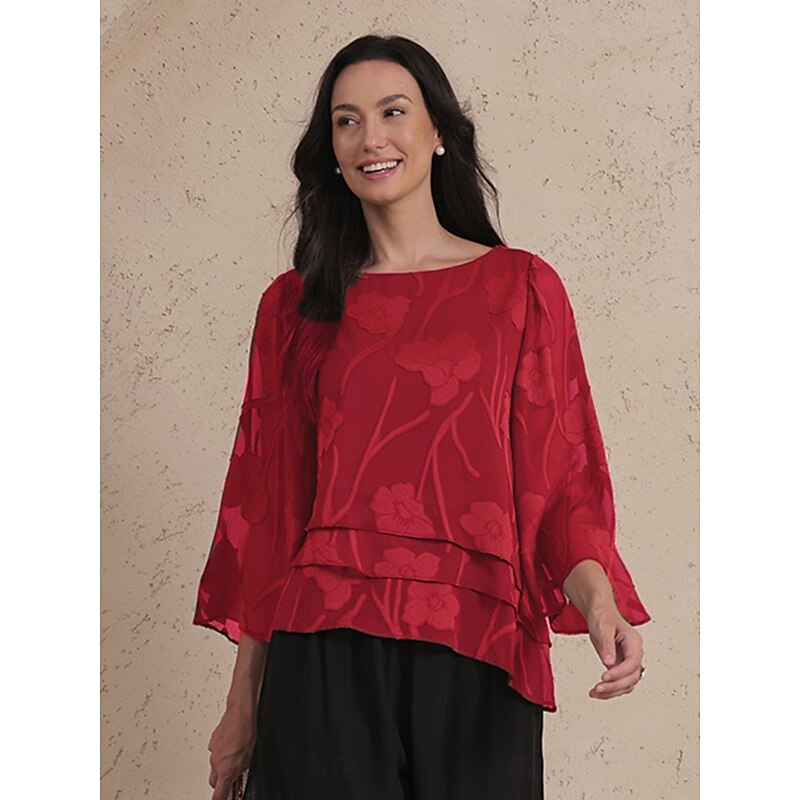 Women's Lace Shirt Blouse Dressy Tops Chiffon Tops Solid Color Floral Elegant Stylish Casual Half Sleeve Flutter Sleeve Boat Neck Regular Tops Wedding Guest Work Daily Asymmetric Hem Wine Summer