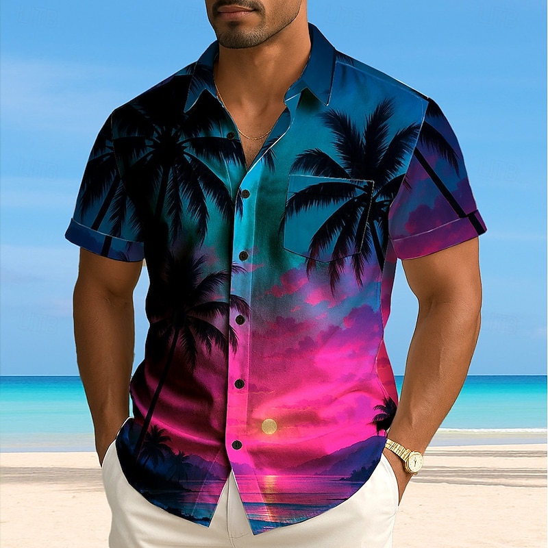 Men's Coconut Tree Gradient Color Tropical Plants Summer Hawaiian Shirt Button Up Shirt Aloha Shirt Short Sleeve Hawaiian Vacation Summer Spring Turndown 3D Print Collared Shirts Front One Pocket