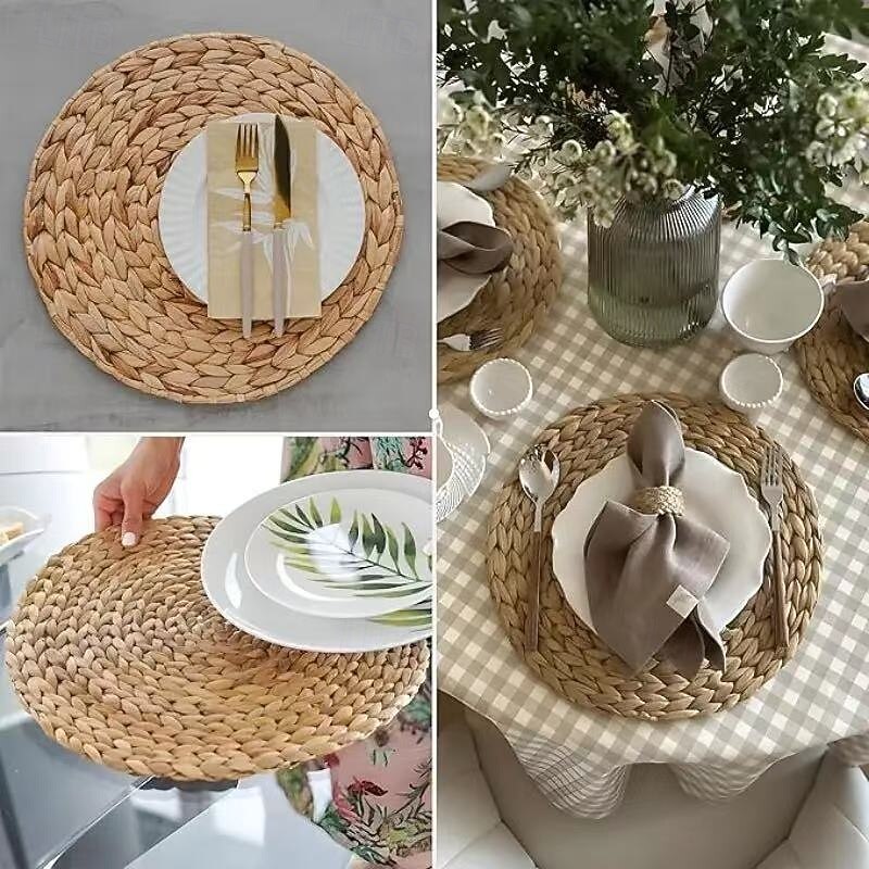 5-Piece Round Rattan Placemats Set, 13-Inch Natural Hand-Woven Water Lily Placemats for Dining Table, Rustic Style Table Mats for Home and Wedding Decor2