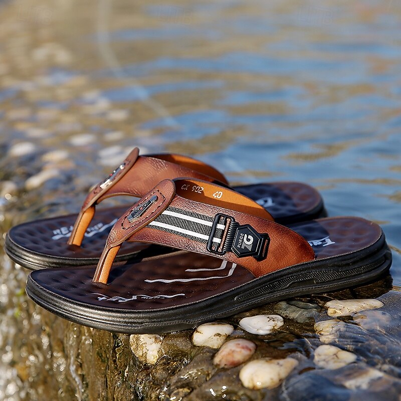 Men's Faux Leather Thong Sandals with Contrast Webbing Strap, Slip-Resistant Flip-Flops for Beach Holidays, Poolside Relaxation and Summer Walking3