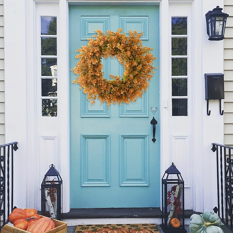 Fall Eucalyptus Wreath for Front Door Thanksgiving Harvest Indoor Outdoor Decoration, Artificial Eucalyptus Leaf Garland, Autumn Hanging Door Wreath for Home Decor2