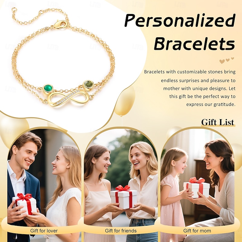 Personalized Birthstone Bracelet Custom Two Birthstones Double Luck Wrist Jewelry, Perfect Gift for Wife or Mom, Soulmate Gift for Valentine's Day and Anniversary4