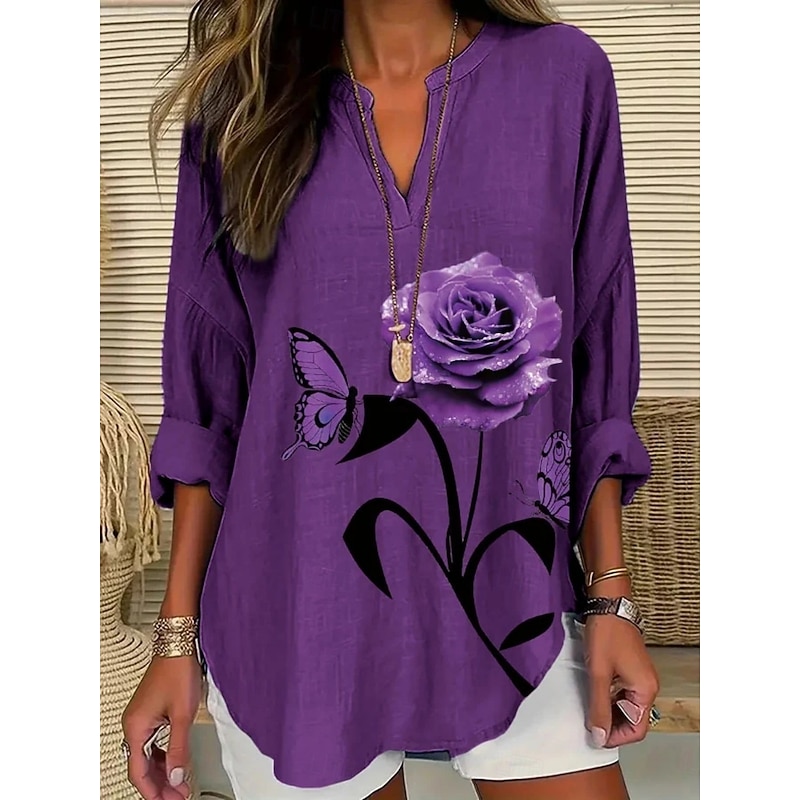 Women's Blouse Floral Butterfly Stylish Modern Long Sleeve V Neck Regular Tops Daily Holiday Print Black Purple Summer3