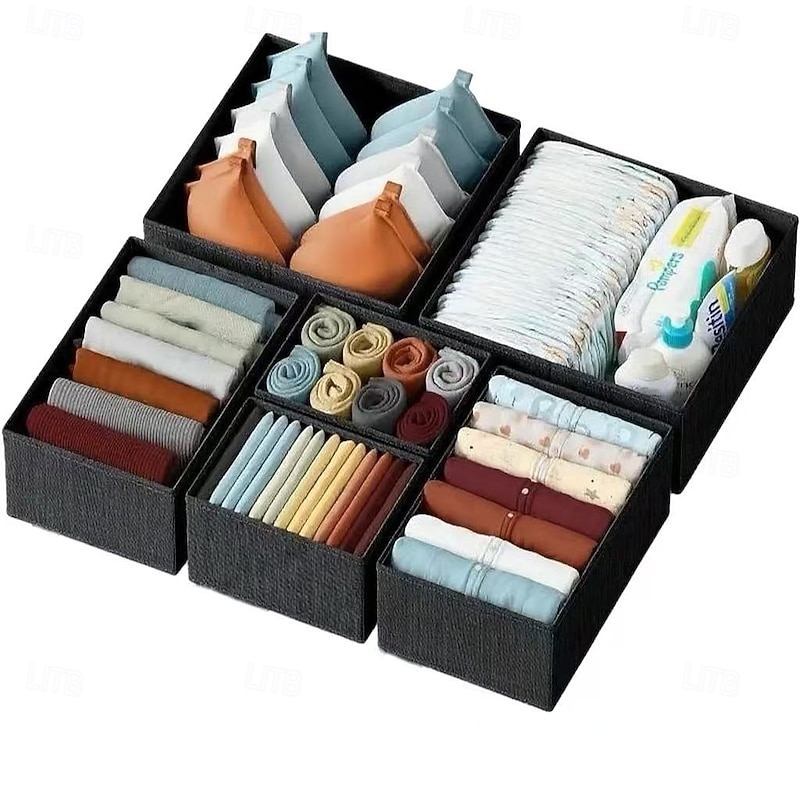 6PCS Drawer Storage Boxes, Black and Gray Non-Woven Fabric Organizers for Nursery, Bedroom, Closet, Easy Assembly, Washable, Dual Use for Home and Office