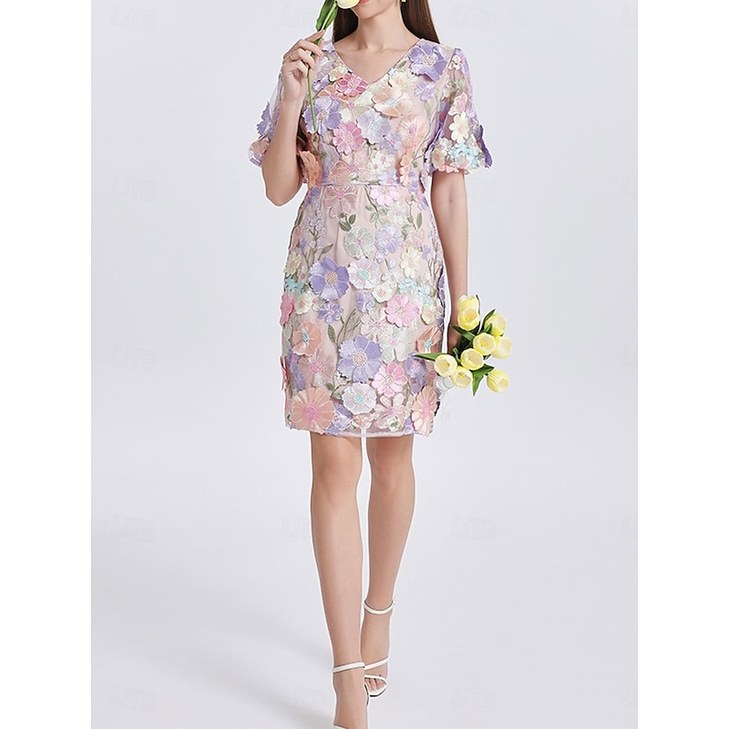 H-Line Mini Dresses Elegant Dress Wedding Wedding Guest Short Sleeve Puff Sleeve V Neck with Floral Embroidery Lace3