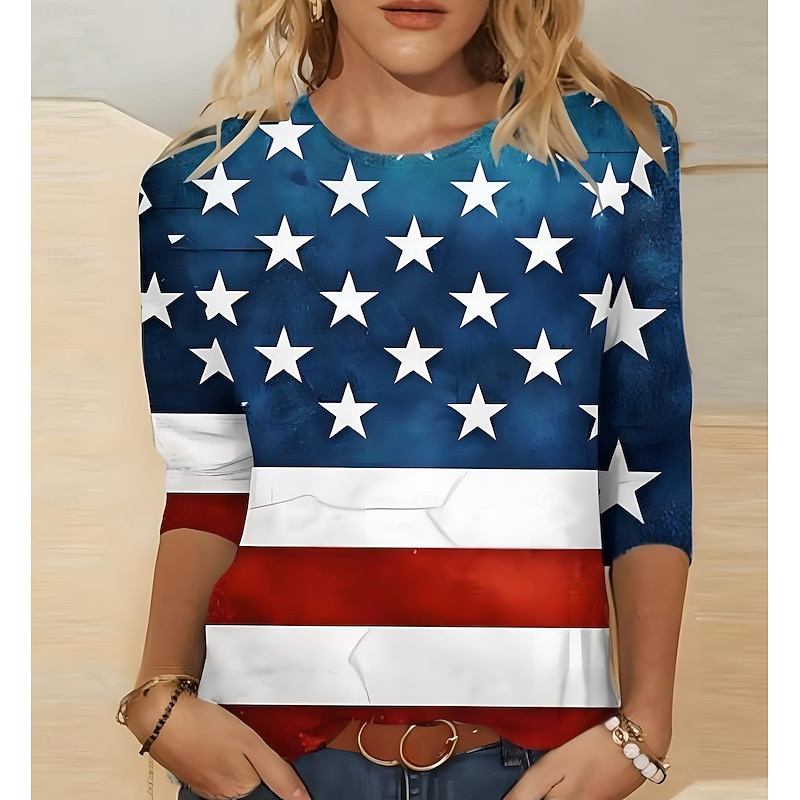 American Women's T shirt Long Sleeve Crew Neck Long Sleeve Tunic Graphic American Flag Vintage Stylish Classic Round Neck Regular Tops Daily Weekend Print White Red Navy Blue Blue Red / Blue  Prefall4