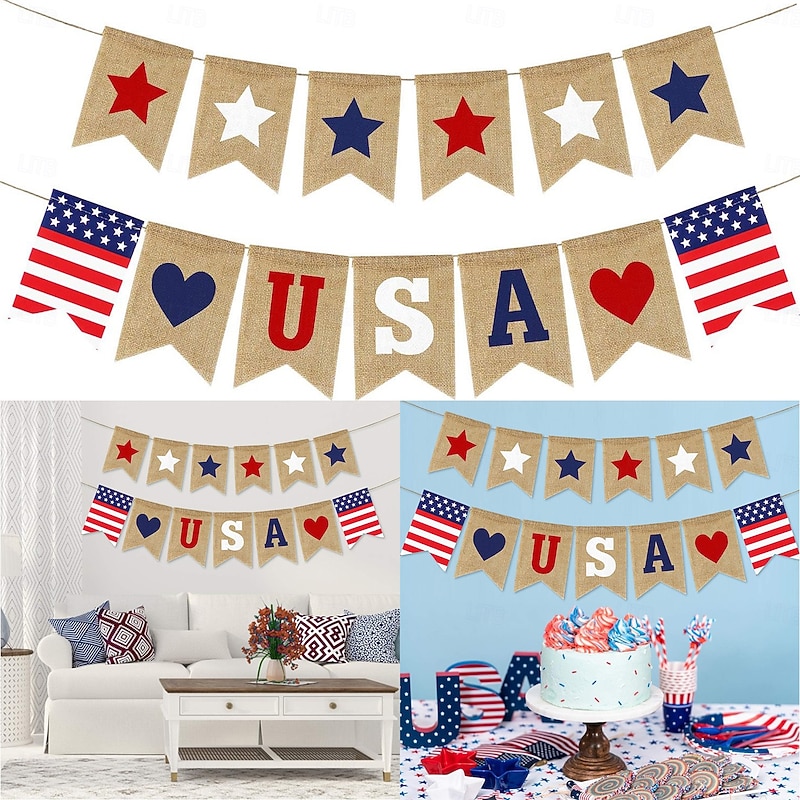 Patriotic USA Banner Burlap 4th of July Decorations Rustic Patriotic Banner Red White Blue Stars Bunting Garland for President Day 4th of July Party Supplies 4th of July Patriotic Outdoor Indoor hanging Decor