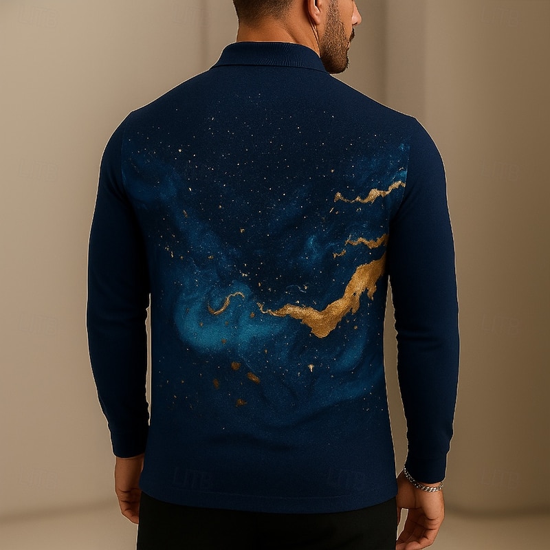 Men's Marble Polo Long Sleeve Polo Shirts Lapel Casual Athleisure Pocket Buttons Summer Spring Fall Black2