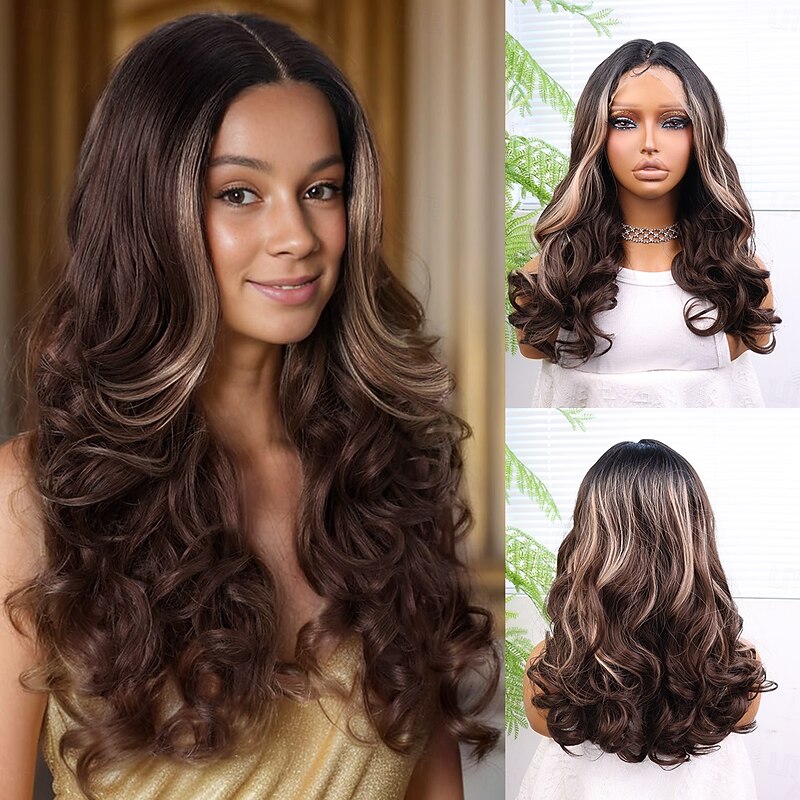 Synthetic Lace Wig Deep Curly Style 30 inch Mixed Color Middle Part 13x4 Lace Front Wig Women's Wig Dark Brown / Dark Auburn