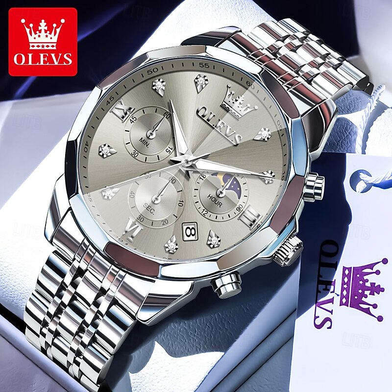 OLEVS 3670 Mens Watch Multifunctional Chronograph Quartz Watch Waterproof Luminous Moon Phase Watch4