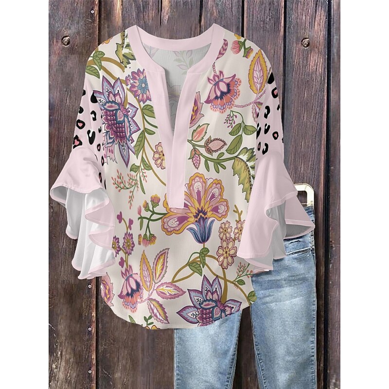 Women's Blouse Floral Stylish Modern 3/4 Length Sleeve V Neck Regular Tops Daily Holiday Ruffle Print Pink Blue Orange Green Summer4