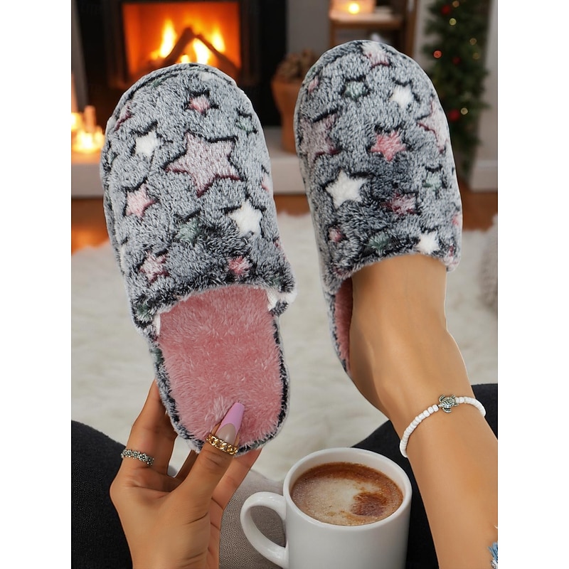 Women's Fuzzy Star Print Indoor Slippers – Cozy Faux Fur Winter House Shoes for Living Room, Bedroom & Holiday Mornings2