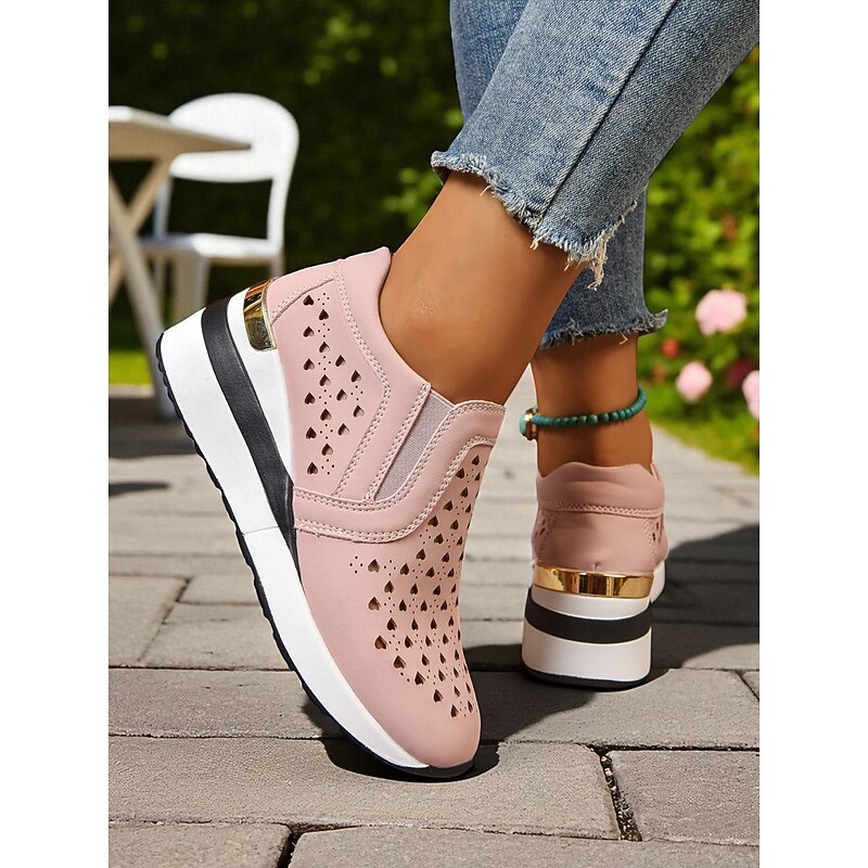 Women's Pink Wedge Sneakers – Breathable Cutout Slip-On Walking Shoes with Gold Heel Detail for Travel, Work and Summer Outings4