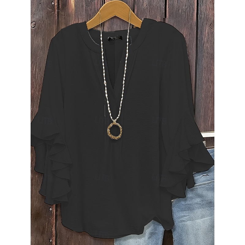 Women's Blouse Solid Color Stylish Casual 3/4 Length Sleeve V Neck Regular Tops Daily Ruffle Black White Pink Army Green Summer Spring2
