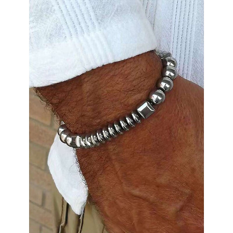 Men's Obsidian Beaded Cross Bracelet Set - Multi-layered matte obsidian and metal beads with grey gemstone decoration, Stretch design, Bohemian style, Ssuitable for daily wear or casual outing2