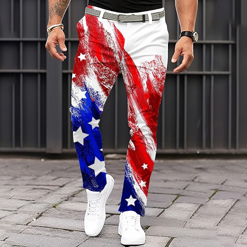 Men's American US Flag Patriotic Dress Pants Trousers Casual Pants Mid Waist Classic Casual Holiday Slim Fit Pants with Pockets Spring Fall 3D Print White