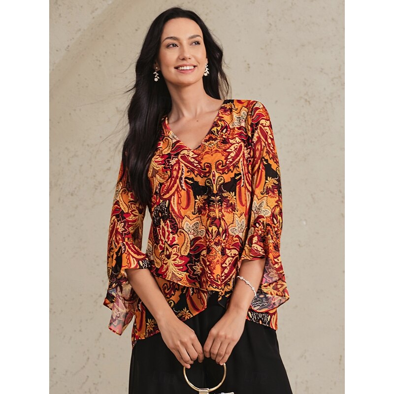 Women's Boho Shirt Blouse Paisley Vintage Stylish Casual Long Sleeve V Neck Regular Tops Wedding Guest Work Daily Ruffle Brown Summer Spring Fall