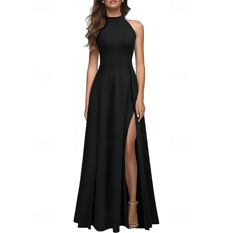 A-Line Wedding Guest Dresses Elegant Dress Wedding Guest Engagement Floor Length Sleeveless Crew Neck Stretch Crepe with Pleats Slit