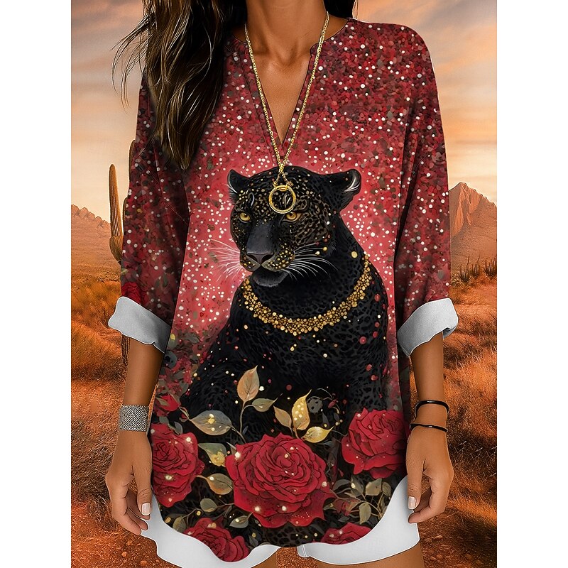 Women's Blouse Tunic V Neck Long Sleeve Boho Casual Tops Floral Graphic Animal Bohemia Vintage Tropical Regular Tops Daily Wear Print Yellow Red Blue Purple Green Fall