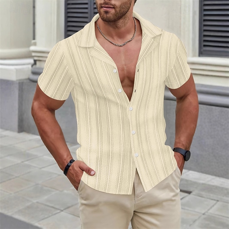 Men's Shirt Summer Shirt Casual Shirt Beach Shirt Button Up Shirt Black White Brown Apricot Short Sleeve Stripes Lapel Vacation Hawaiian Clothing Apparel Fashion Casual Comfortable2