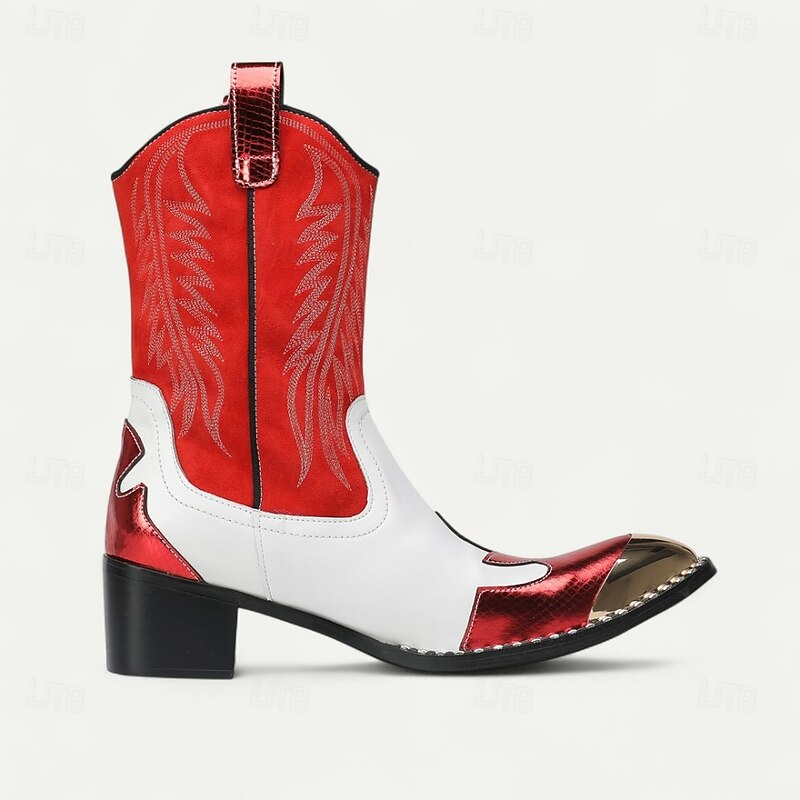 Men's Red and White Leather Western Cowboy Boots–Bold Contrast Design with Gold Tip Classic Stitching, Statement Footwear for Country Events and Themed Parties4