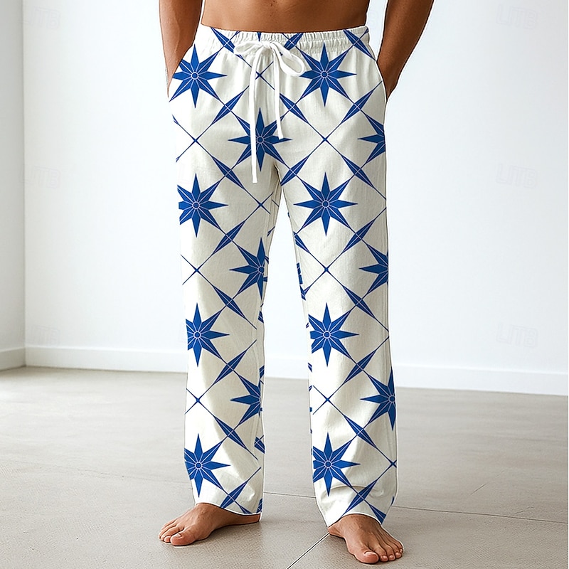 Men's Geometric Pentagram Trousers Baggy Pants Casual Pants Mid Waist Classic Style Outdoor Vacation Drawstring Side Pockets Elastic Waist Summer Spring 3D Print Blue Purple Green