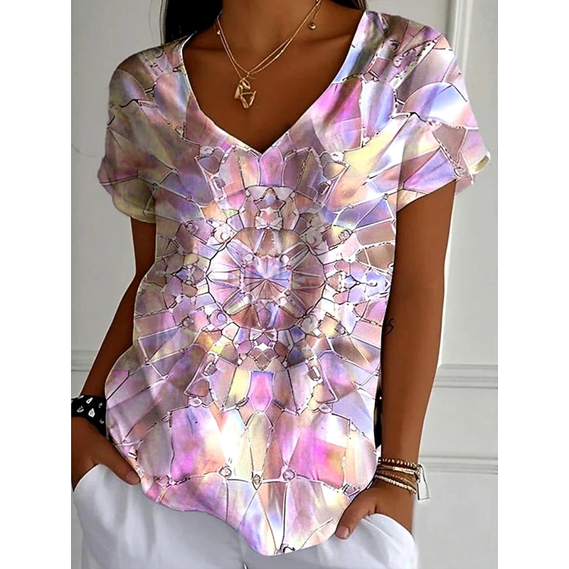 Women's T Shirt Graphic 3D Fashion Stylish Casual Short Sleeve V Neck Regular Tops Daily Going out Weekend Print Light Green Pink Blue Purple Summer Spring
