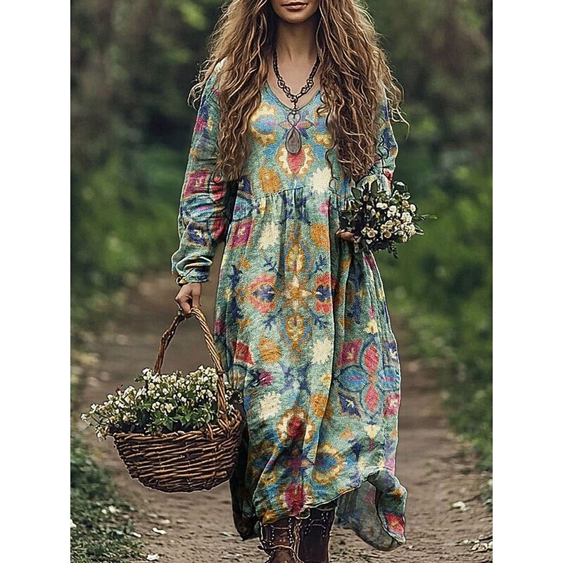 Women's Maxi Dress A Line Dress Vacation Casual Boho Going out Beach Loose Fit Floral Graphic Geometric Long Sleeve V Neck Pink Blue Orange Green Spring Fall4