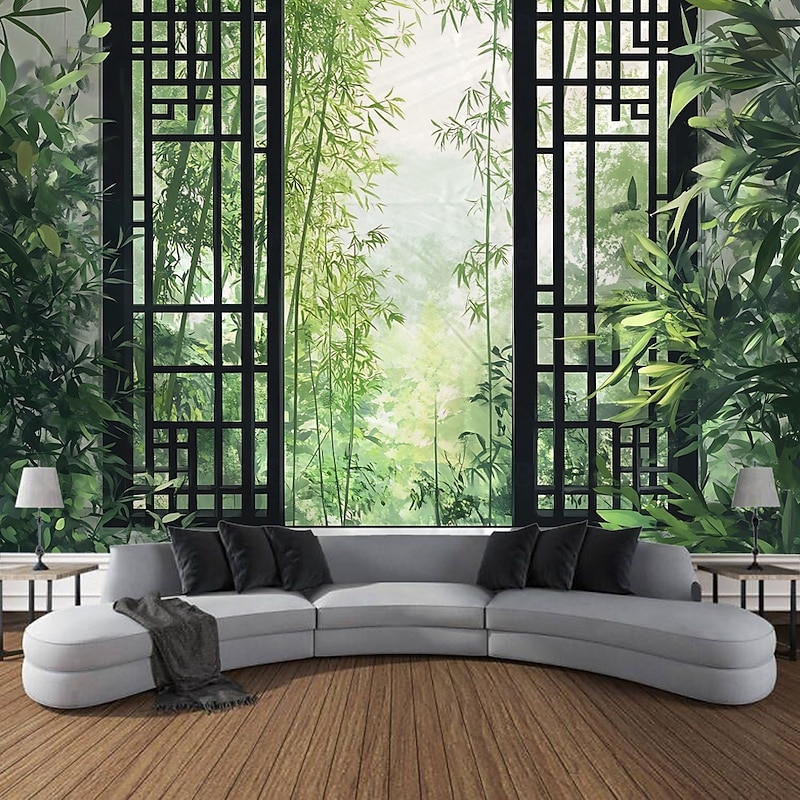 Vintage bamboo forest tree scenery tapestry decorative art blanket curtain hanging home bedroom living room decoration