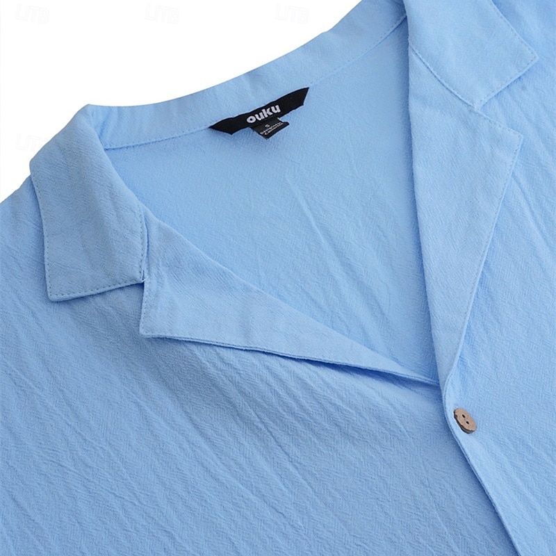 Men's Shirt Linen Shirt Summer Shirt Beach Wear Button Up Shirt Plain Vacation Casual Black Pink Blue Green Short Sleeve Camp Collar Summer Clothing Apparel Front Pocket2