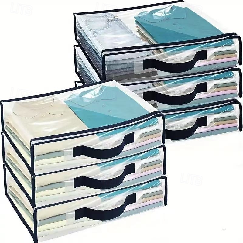 6-Pack Transparent Clothing Storage Bags with Zipper and Reinforced Handles, Sweater Blanket Organizer for Wardrobe, Suitable for Bed Sheets, Linen, Clothes, Closet Use