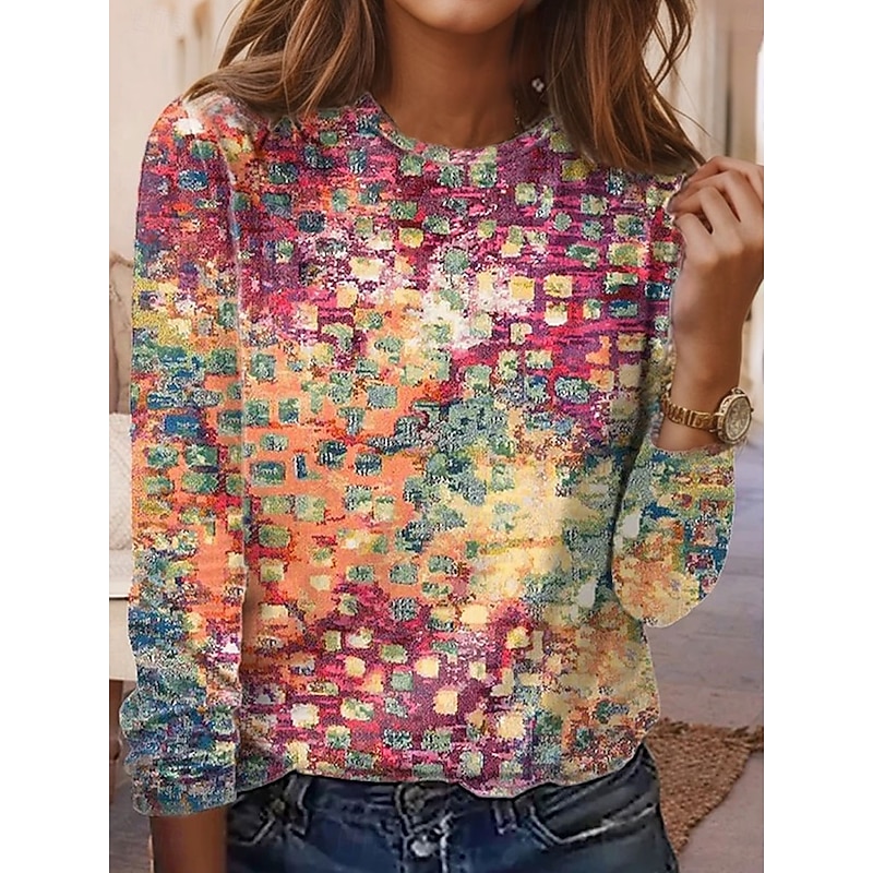Women's T shirt Crew Neck Long Sleeve Tunic Ombre Geometric Modern Casual  Regular Tops Daily Weekend Print Blue Orange Fall Winter