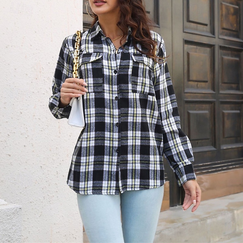 Women's Shirt Plaid Daily Stylish Basic Long Sleeve Shirt Collar Regular Tops Work Daily Holiday Buttons Black Yellow Red Spring Fall2