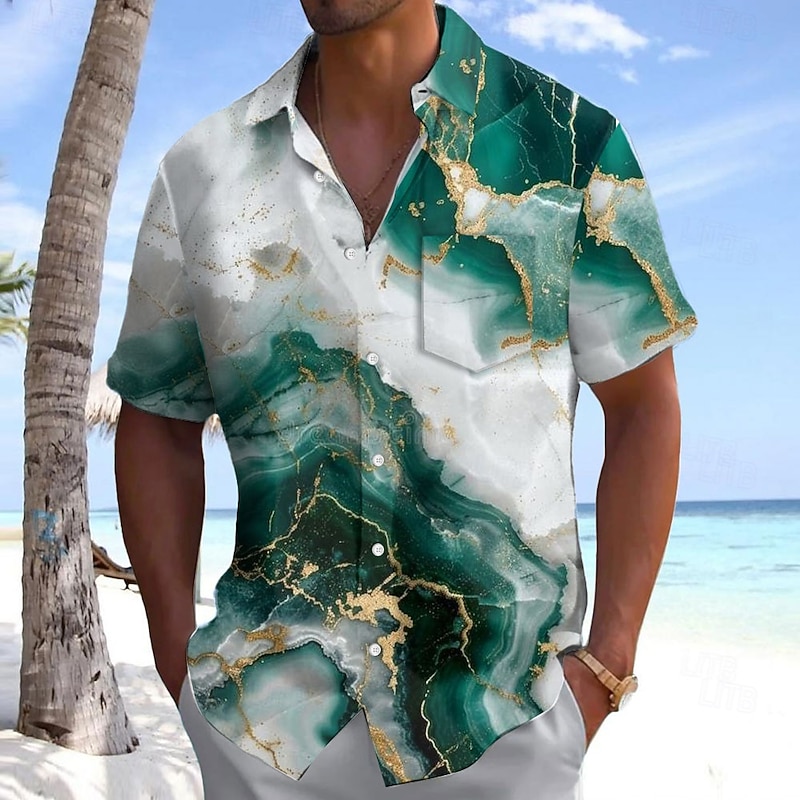 Men's Geometric Marble Abstract Art Shirt Summer Shirt Button Up Shirt Short Sleeve Fashion Casual Outdoor Vacation Dailywear Summer Spring Turndown 3D Print Collared Shirts Front One Pocket Wine