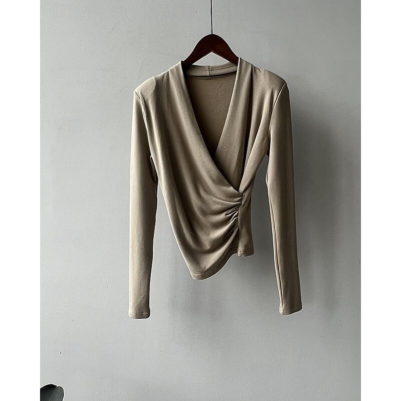 Women's Blouse Plain Modern Casual Long Sleeve V Neck Regular Tops Daily Holiday Ruched Black White Light Brown Fall4