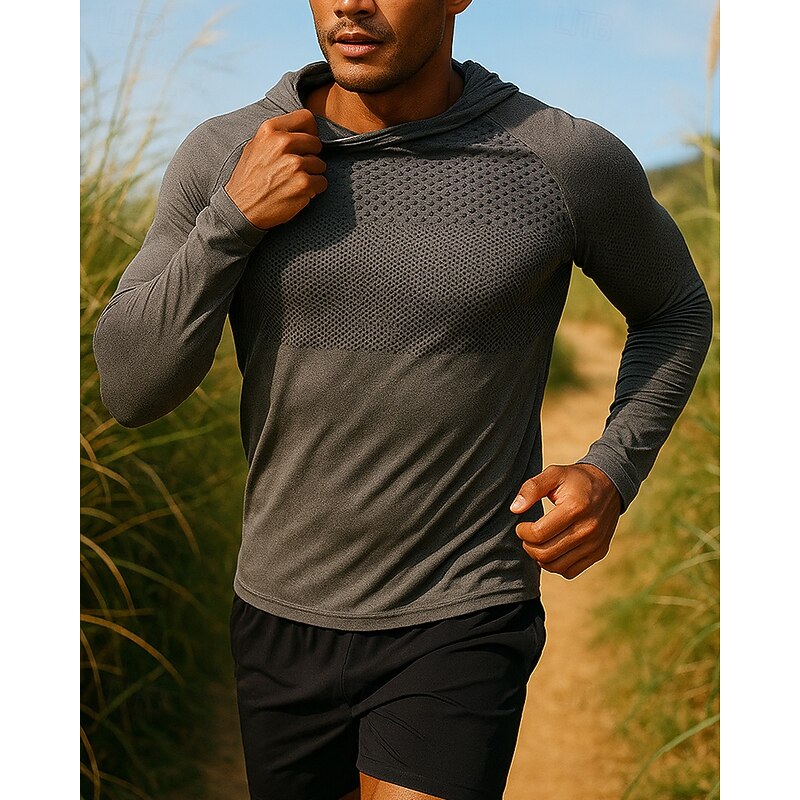 Men's Hoodie Sweatshirt Running Top Long Sleeve Tee Tshirt Geometric Quick Dry Lightweight Elastic Breathable Tennis Golf Running Sportswear Activewear Blue Dark Gray Light Grey